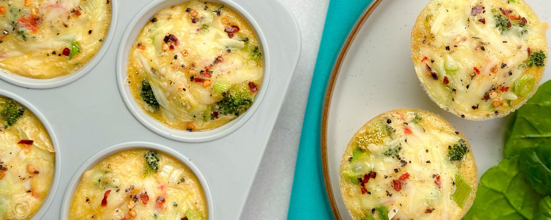 Egg muffins with broccoli and cheese in white ramekins and on plates