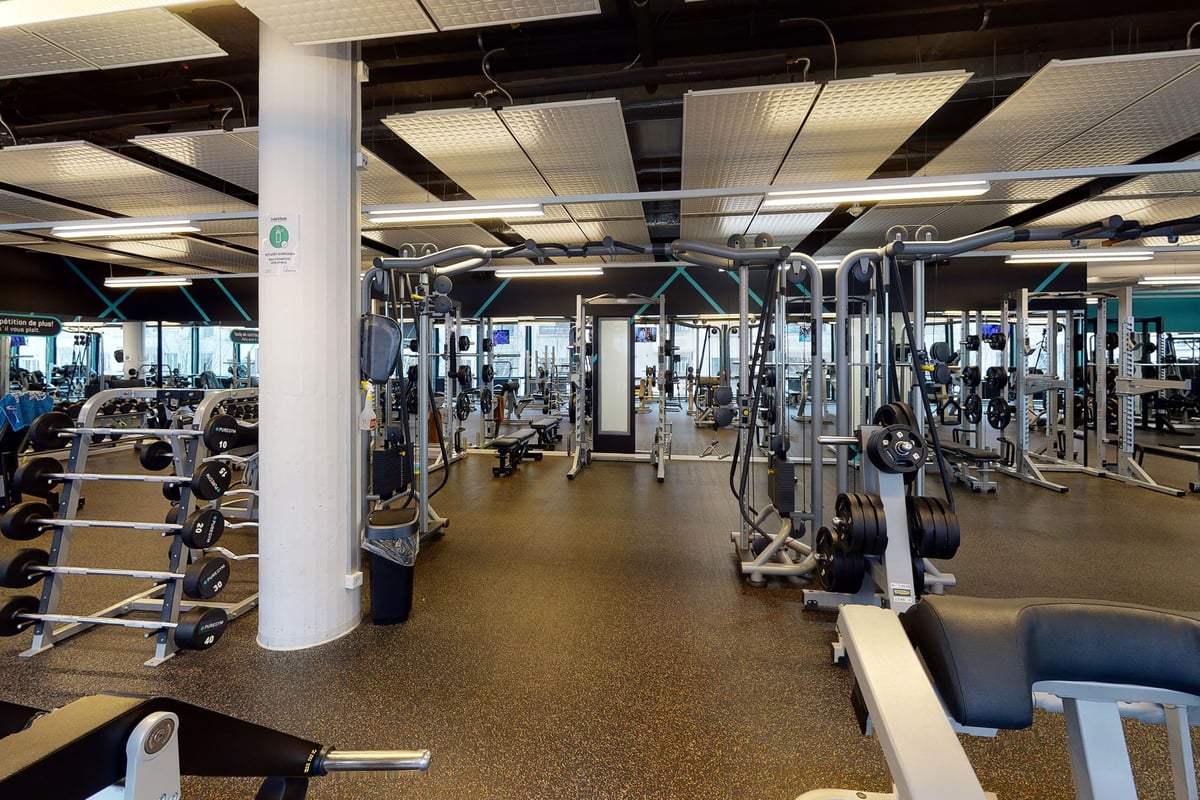 PureGym Biel Bienne: Des rangées d'appareils de musculation, des traverses de câbles, des bancs et des sols caoutchoutés.