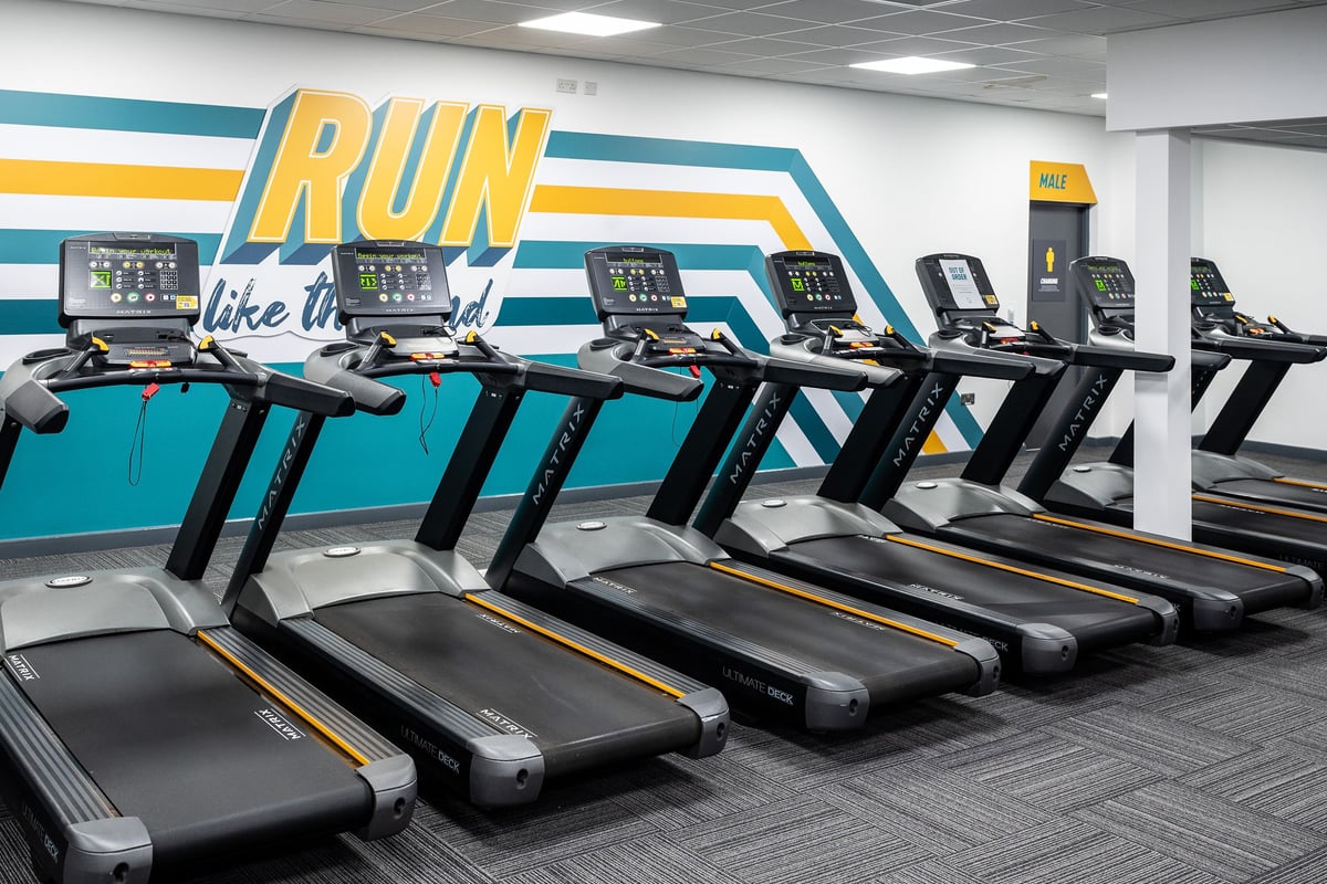 PureGym Belfast Boucher Road: Rows of treadmills with digital displays and bright "RUN" signage on the wall.