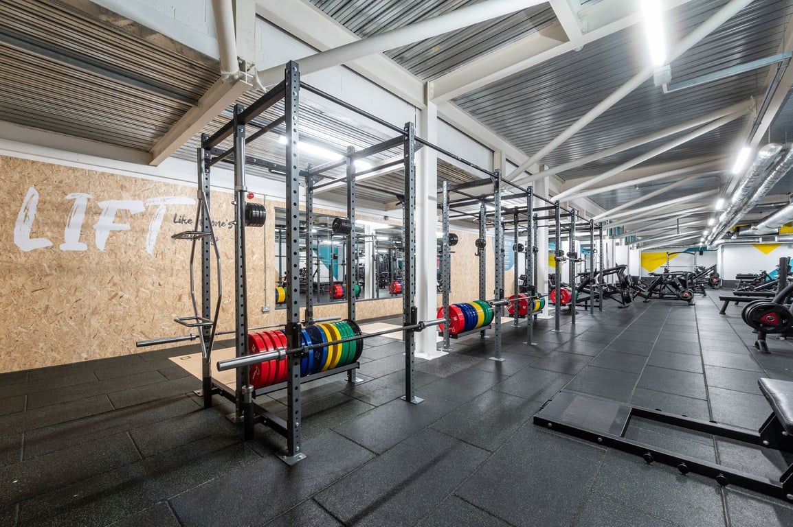 PureGym Harrogate: Weightlifting racks, bumper plates, squat racks, rubberized floor, mirrors along walls.