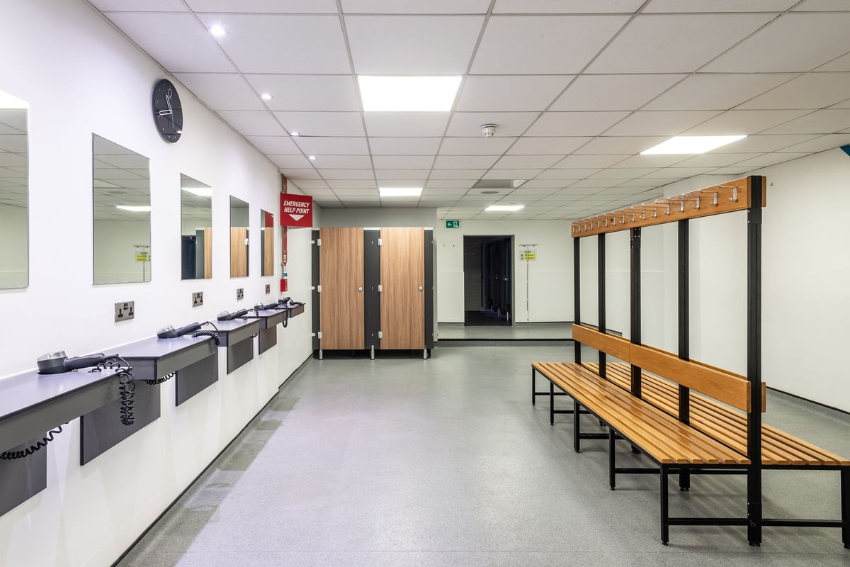 PureGym Northwich: Changing room benches, lockers, sinks, mirrors, privacy cubicles.