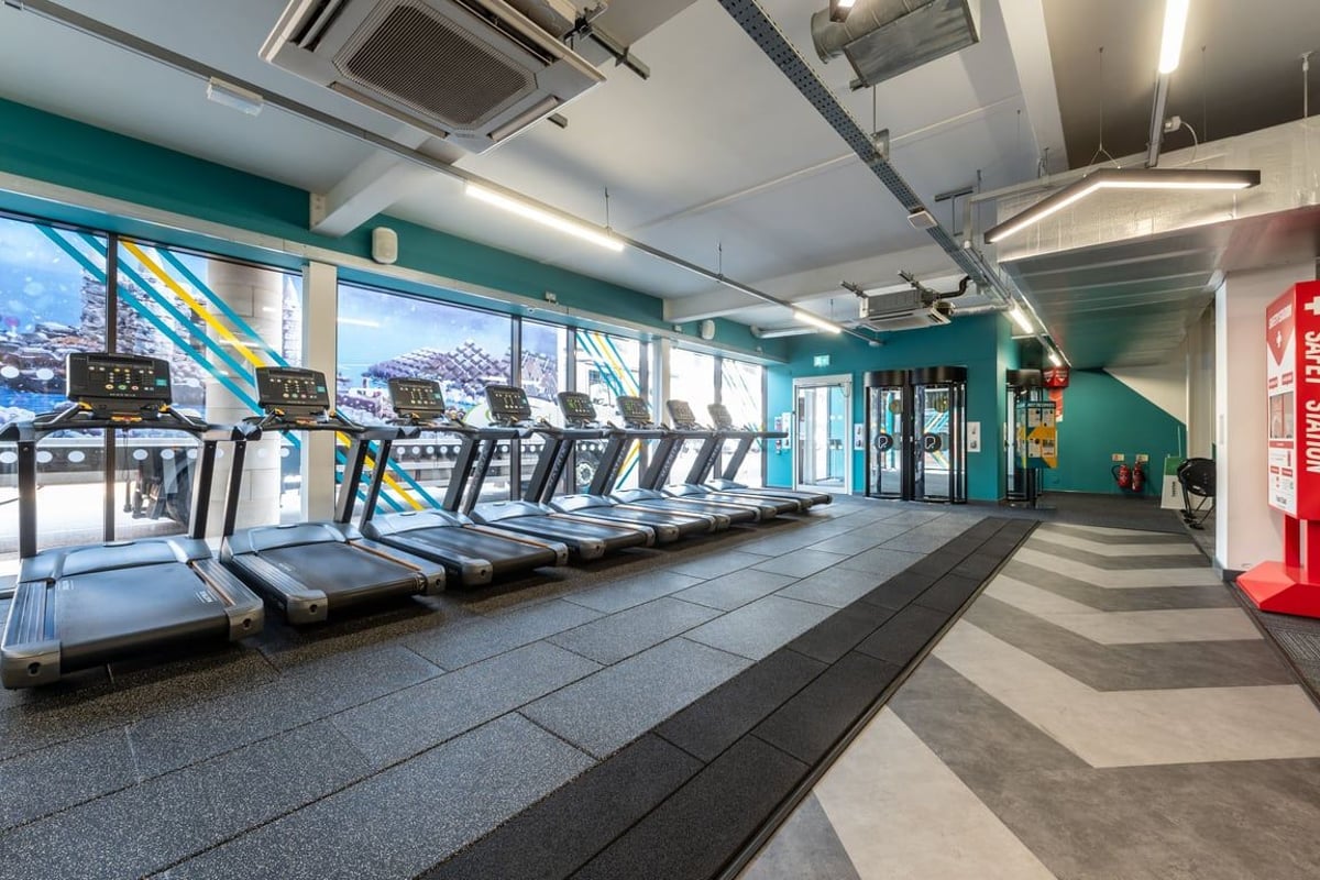 PureGym Harrogate: Rows of treadmills facing large windows in a teal and grey-toned fitness studio.