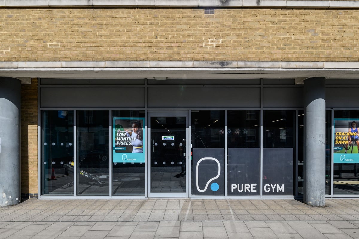 PureGym London Greenwich: Storefront of a Pure Gym fitness facility with glass doors and signage visible.