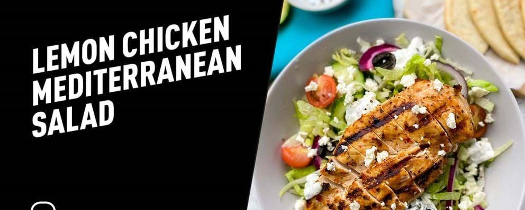 Grilled lemon chicken breast on Mediterranean salad with feta, olives, and tomatoes