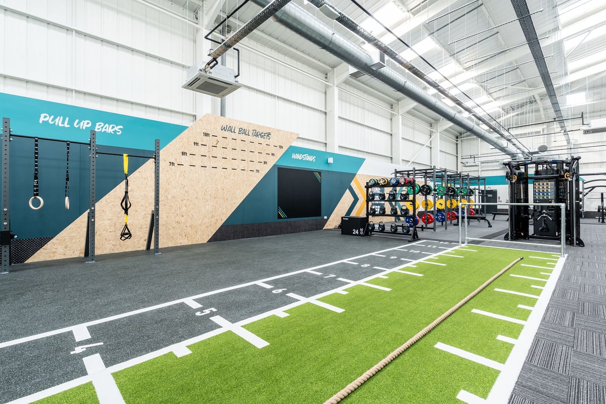 PureGym Keighley: Pull-up bars, plyo boxes, functional training rig, artificial turf area, and weight sections.