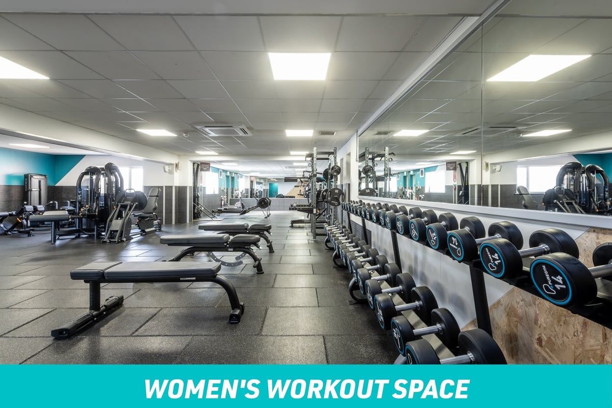 PureGym Sutton Coldfield Women's Workout Space: row of dumbbells and benches with large mirror