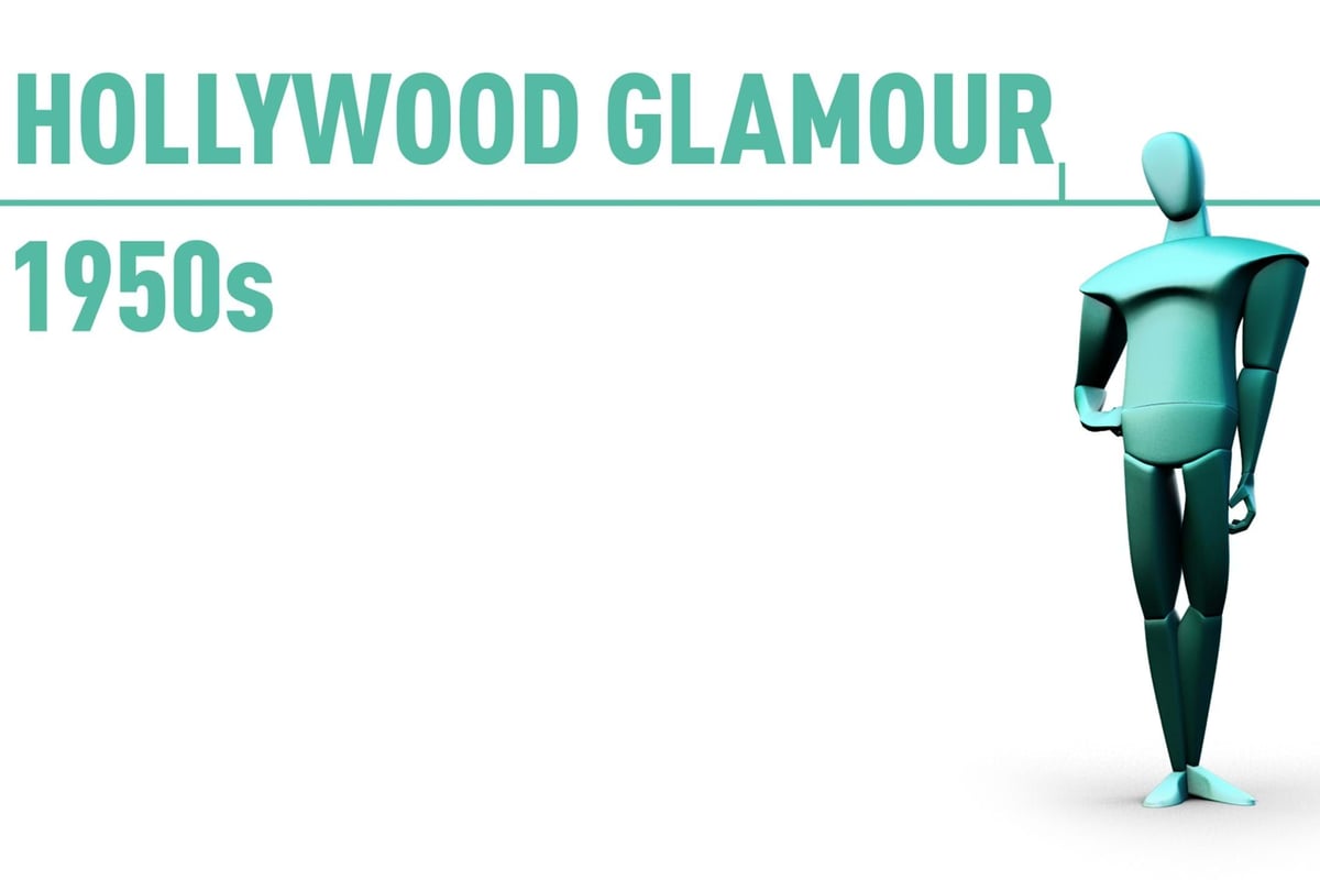 Hollywood Glamour 1950s text with a stylised turquoise mannequin figure on white backgroun