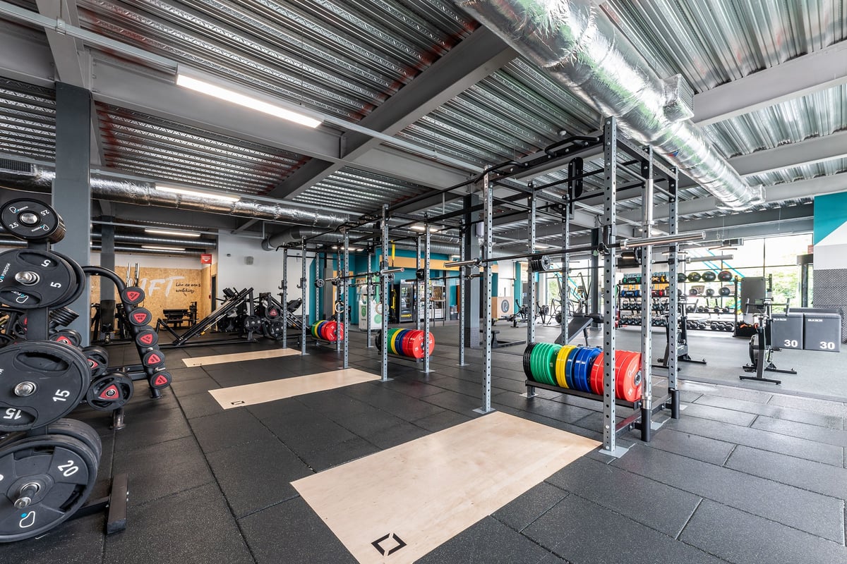 PureGym Reading Basingstoke Road: Crossfit gym with rig structures, weight plates, dumbbells, and rubberized flooring.