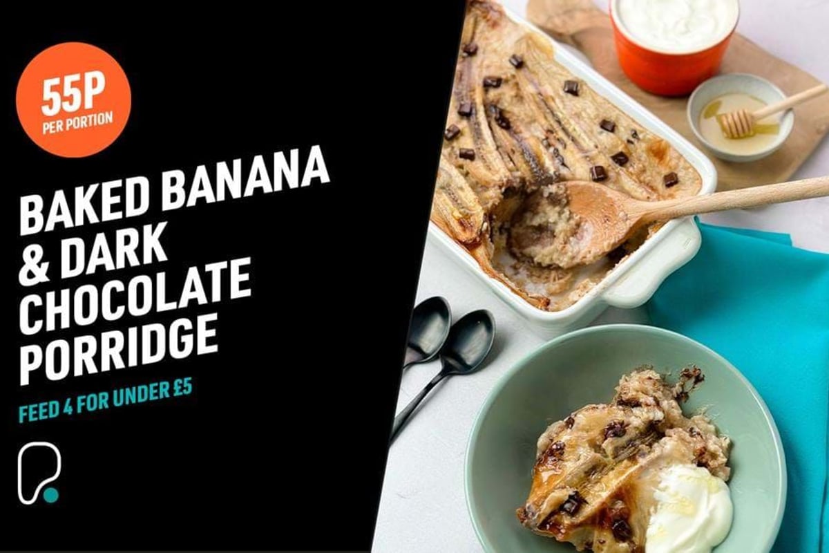 Baked banana and dark chocolate porridge in a dish with a serving on a plate and spoons ne