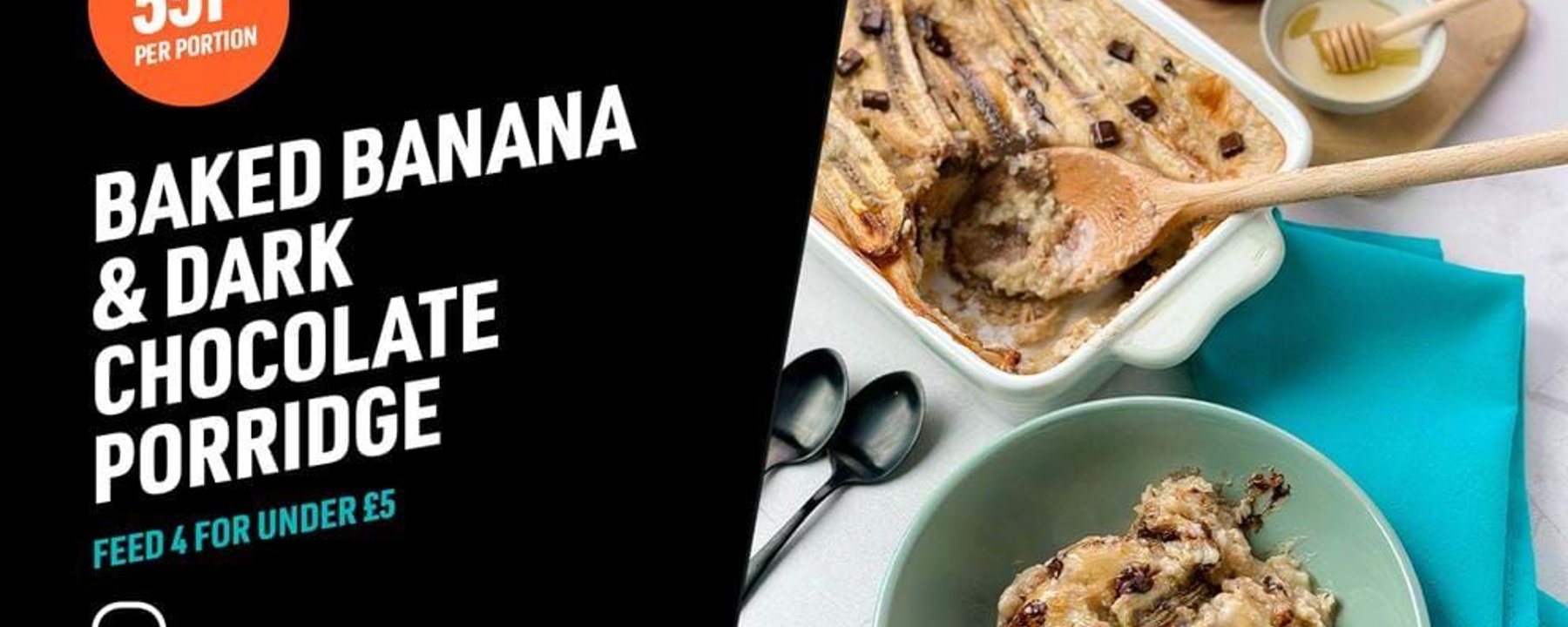 Baked banana and dark chocolate porridge in a dish with a serving on a plate and spoons ne
