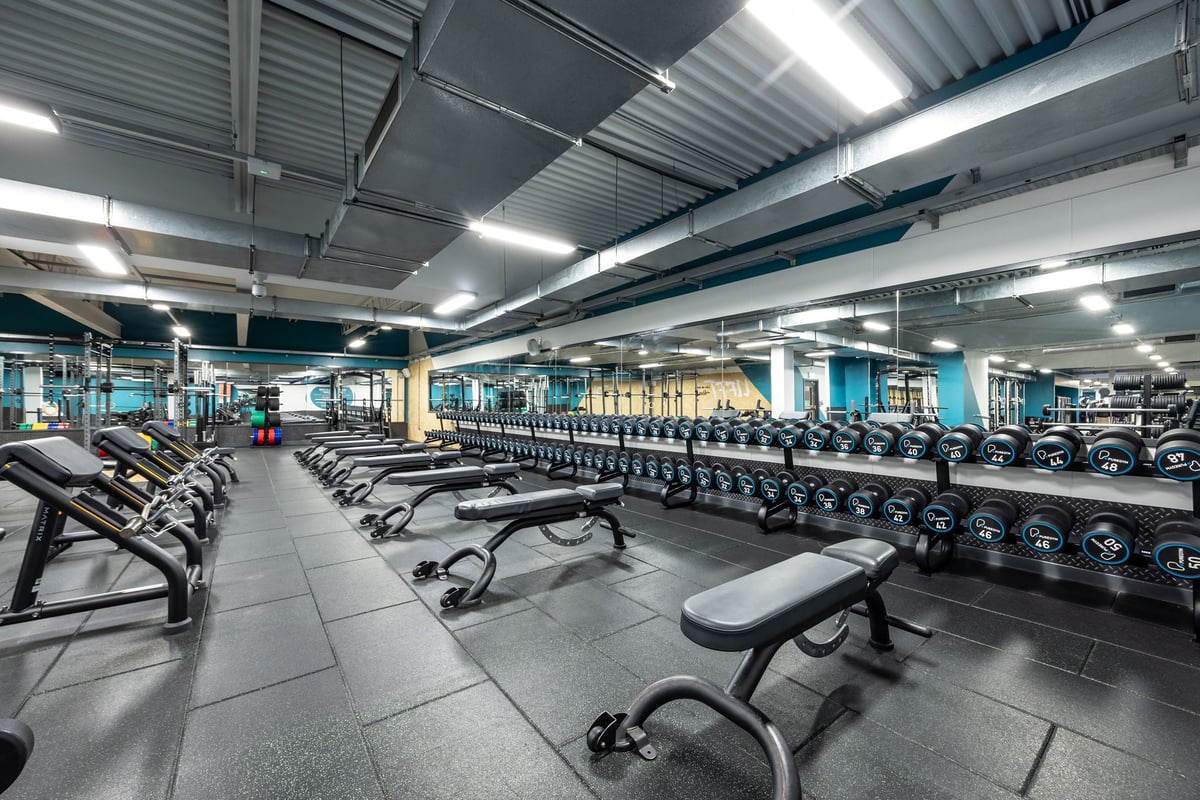 PureGym Motherwell: Rows of benches with weights and dumbbells in a well-lit gym space with mirrored walls.