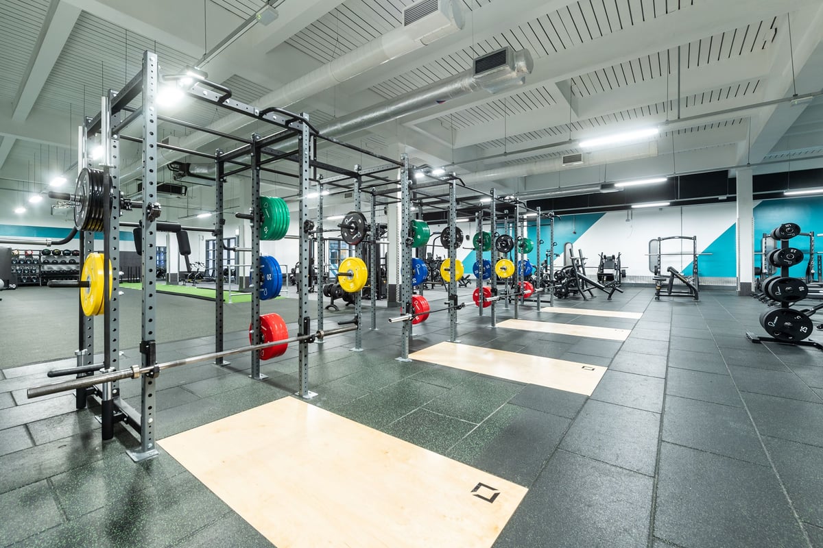 PureGym Bradford Thornbury: Squat racks, weight plates, benches, and rubberized flooring in a well-equipped gym space.
