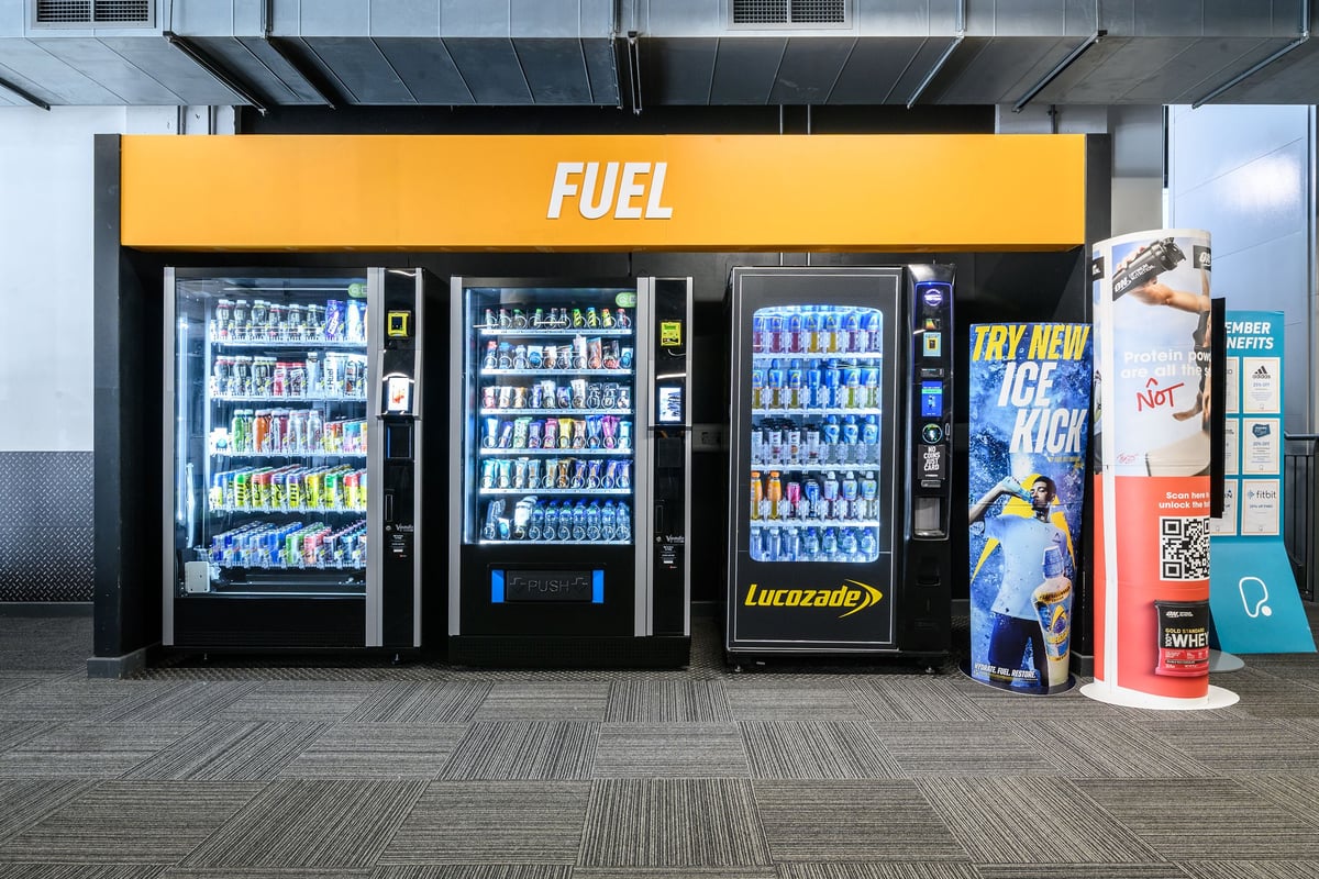 PureGym London Greenwich: Vending machines displaying chilled drinks and energy drinks.