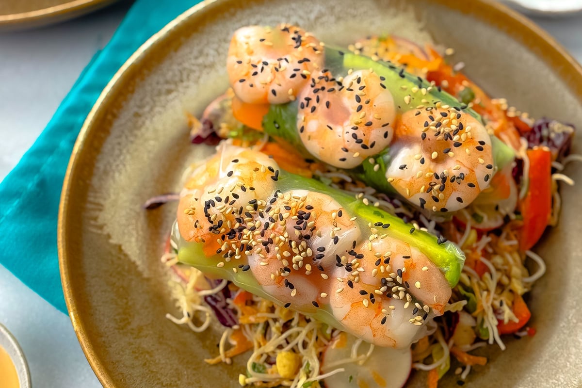 Sommerrollen mit Riesengarnelen oder vegetarisch mit Satay-Nudelsalat