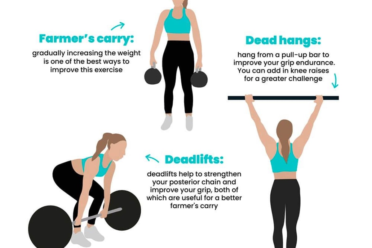 Woman in turquoise sports bra demonstrating four exercises with weights and bar