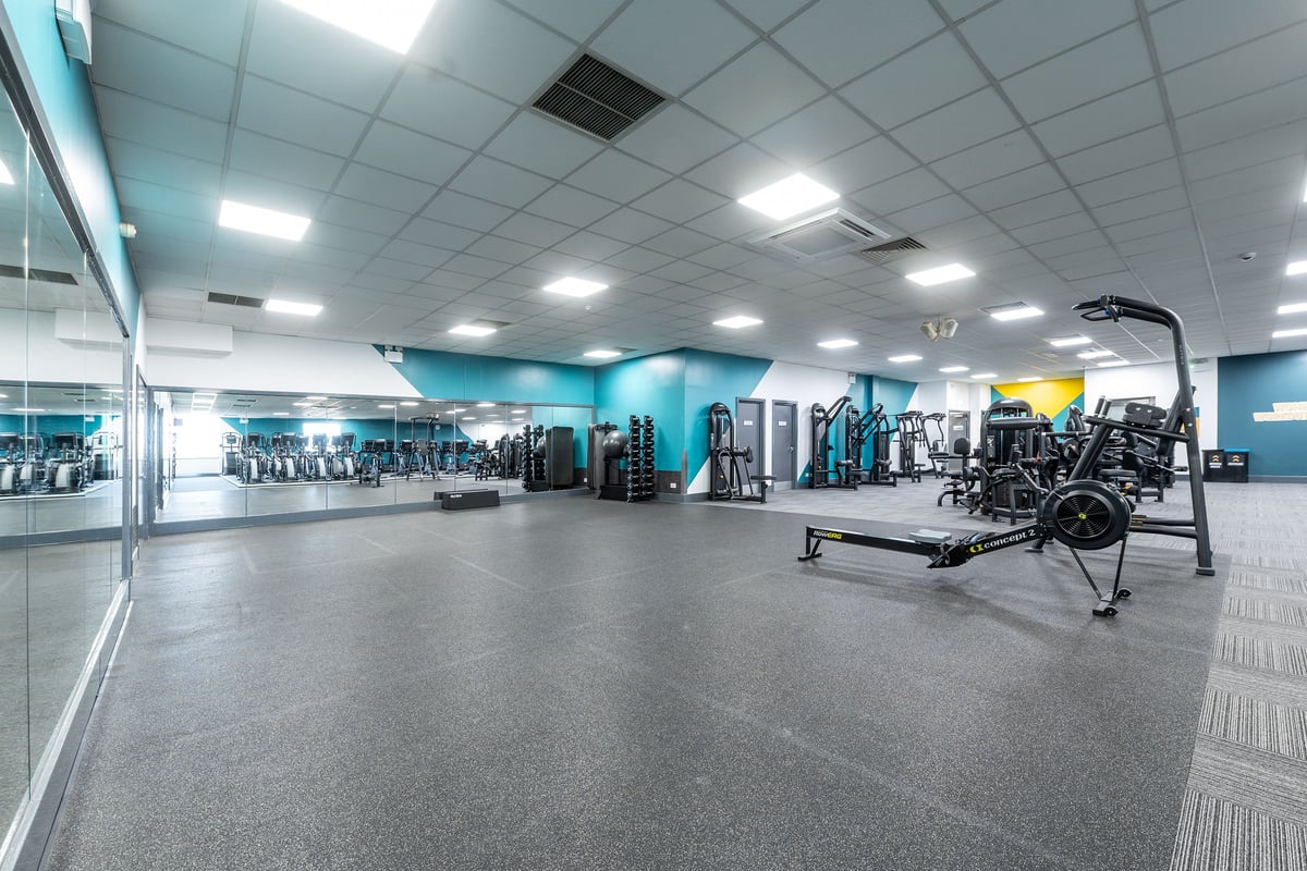 PureGym Harlow: Rows of weight machines, benches, freeweights on rubberized flooring in blue-toned gym interior.