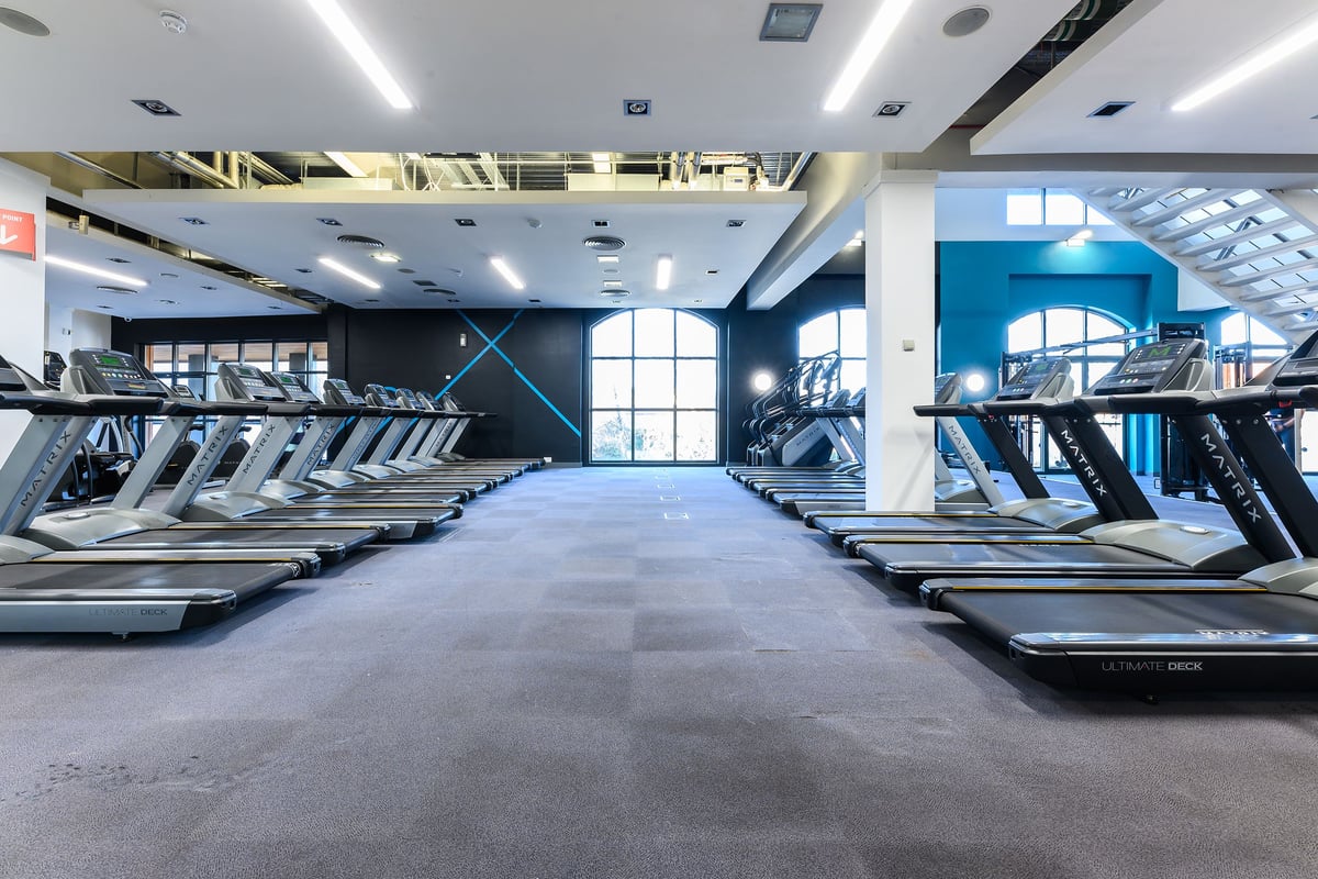 PureGym Norwich Riverside: Rows of treadmills and elliptical machines in a modern gym interior with blue accents.