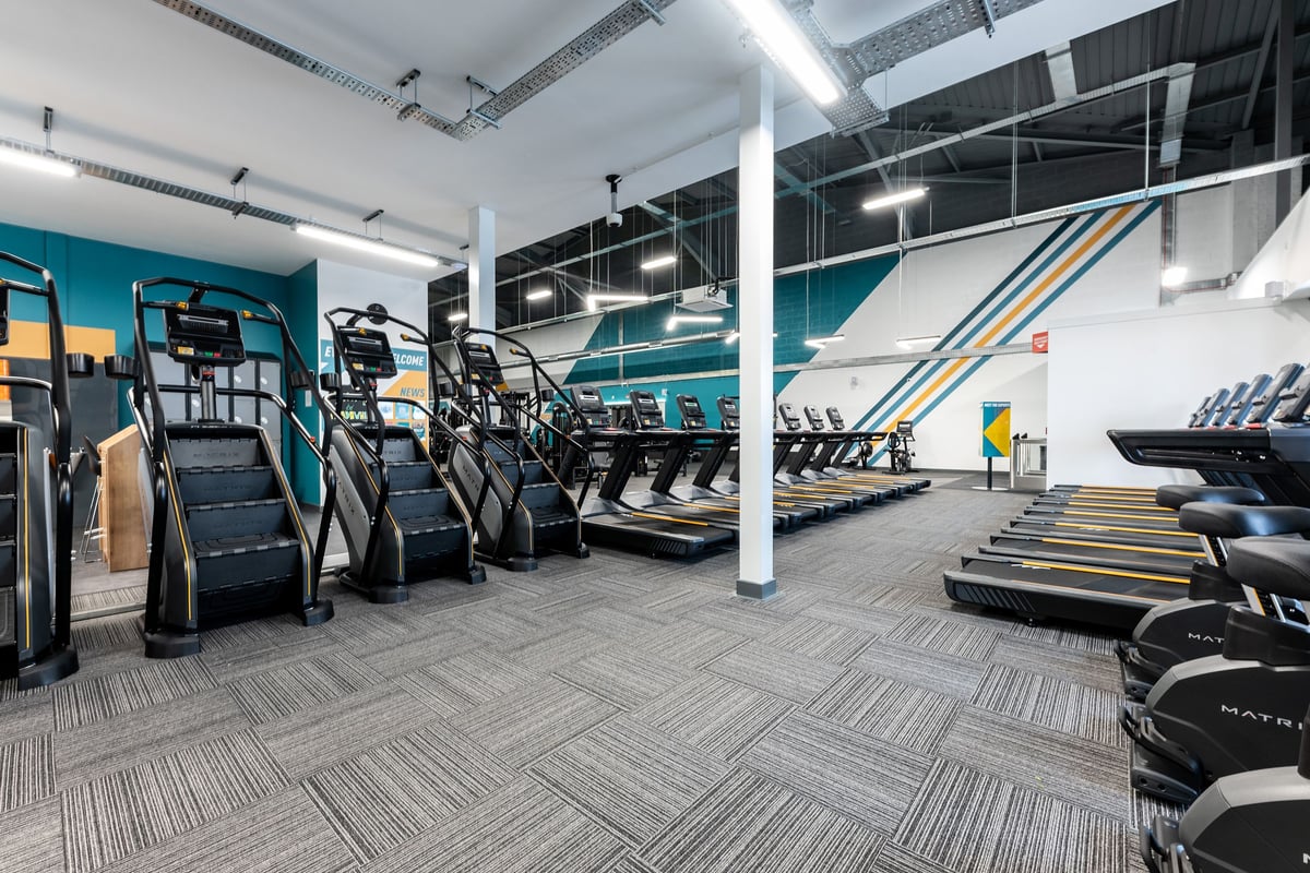 PureGym Sheffield Meadowhall Retail Park: Rows of treadmills, stair climbers, and fitness equipment.