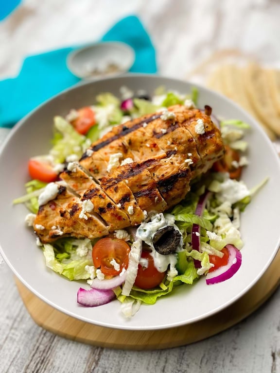 Grilled chicken breast on a salad with lettuce, cherry tomatoes, olives, and feta cheese