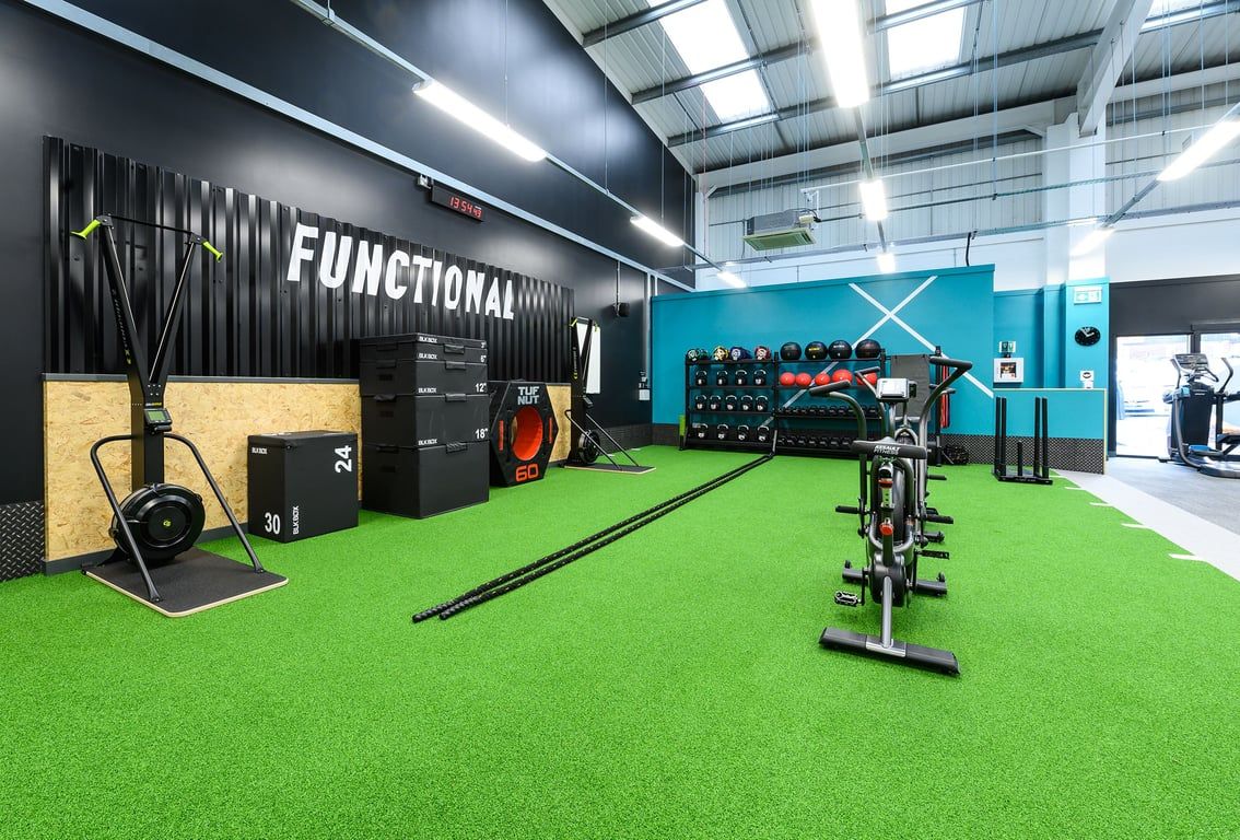 PureGym Rayleigh: Green turf functional training area with rigs, weights, balls, and resistance machines.