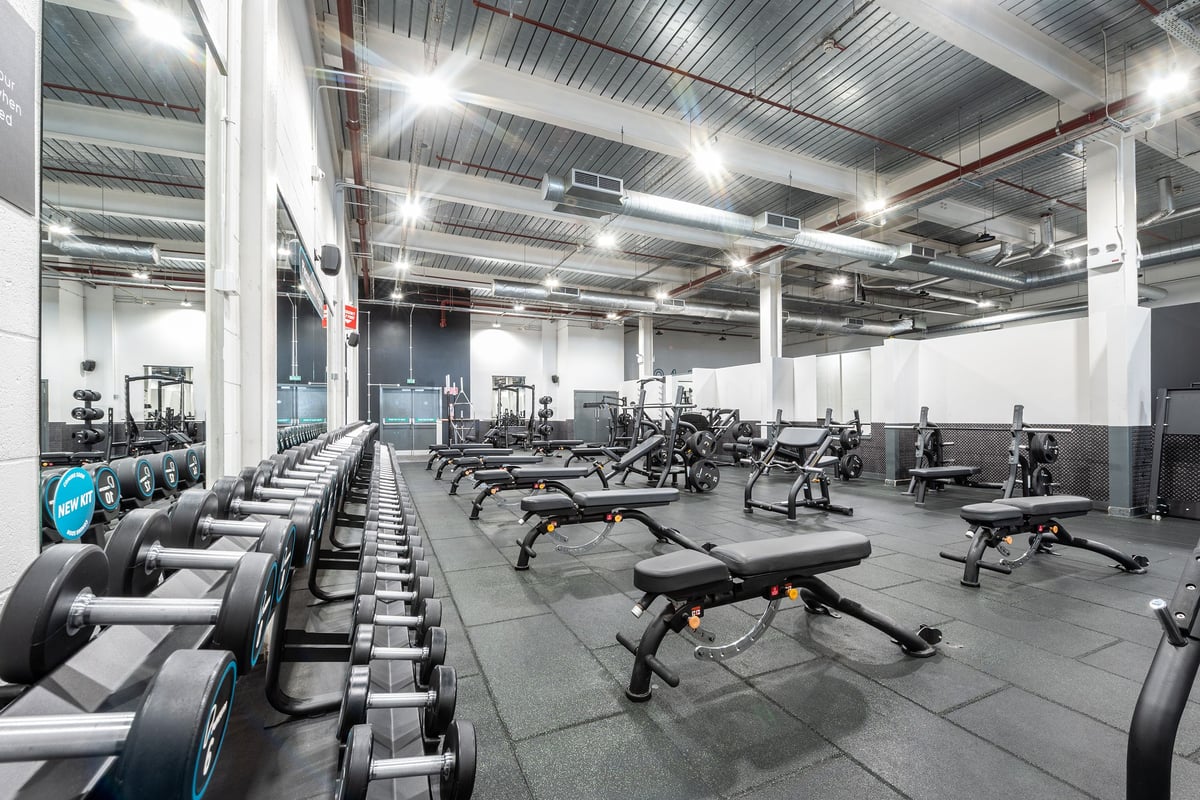 PureGym Newport Wales: Rows of weight benches, free weights, and rubberized flooring in a gym setting.