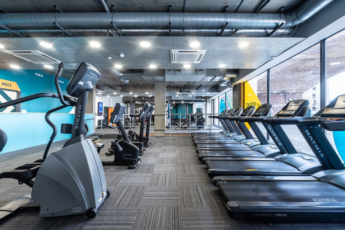 PureGym London Limehouse: Rows of treadmills, ellipticals, and exercise bikes in a modern fitness centre with blue accents.
