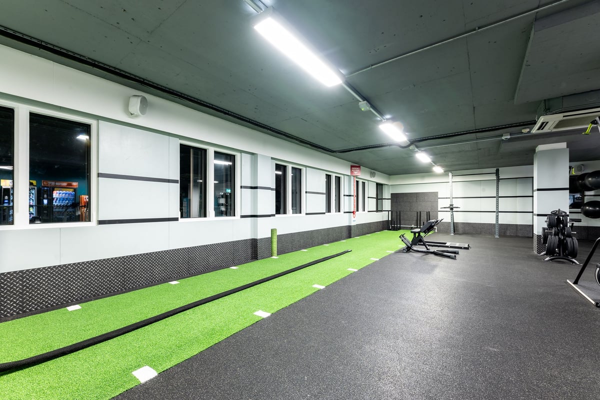 PureGym London Putney: Rows of mirrored chambers, artificial turf strip, weight equipment, and rubberised flooring.