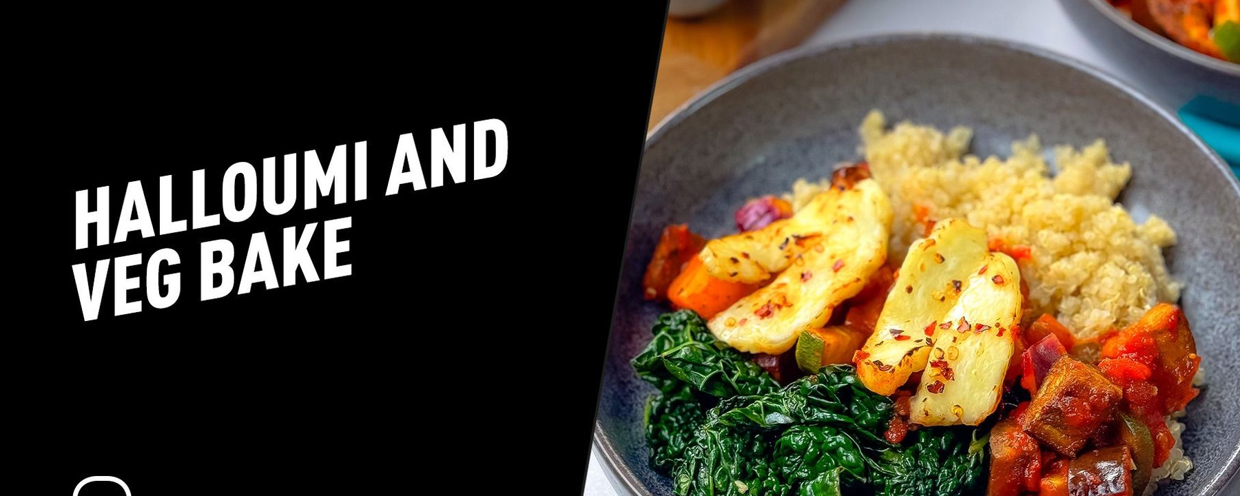 Grilled halloumi, sautéed kale, ratatouille, and quinoa in a grey bowl.