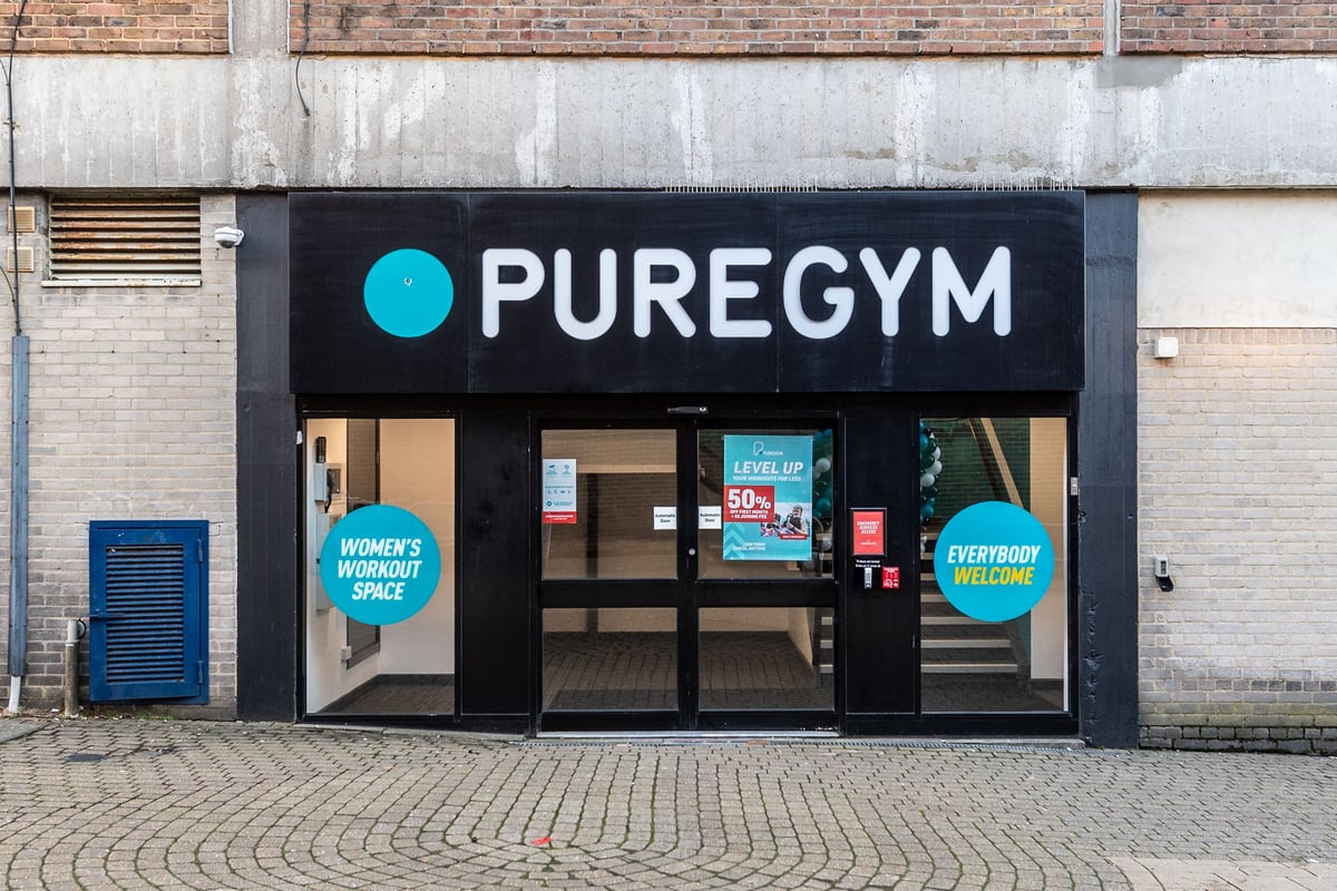 PureGym Southampton Bitterne: Gym storefront with branding, signage advertising promotions, entrance doors.