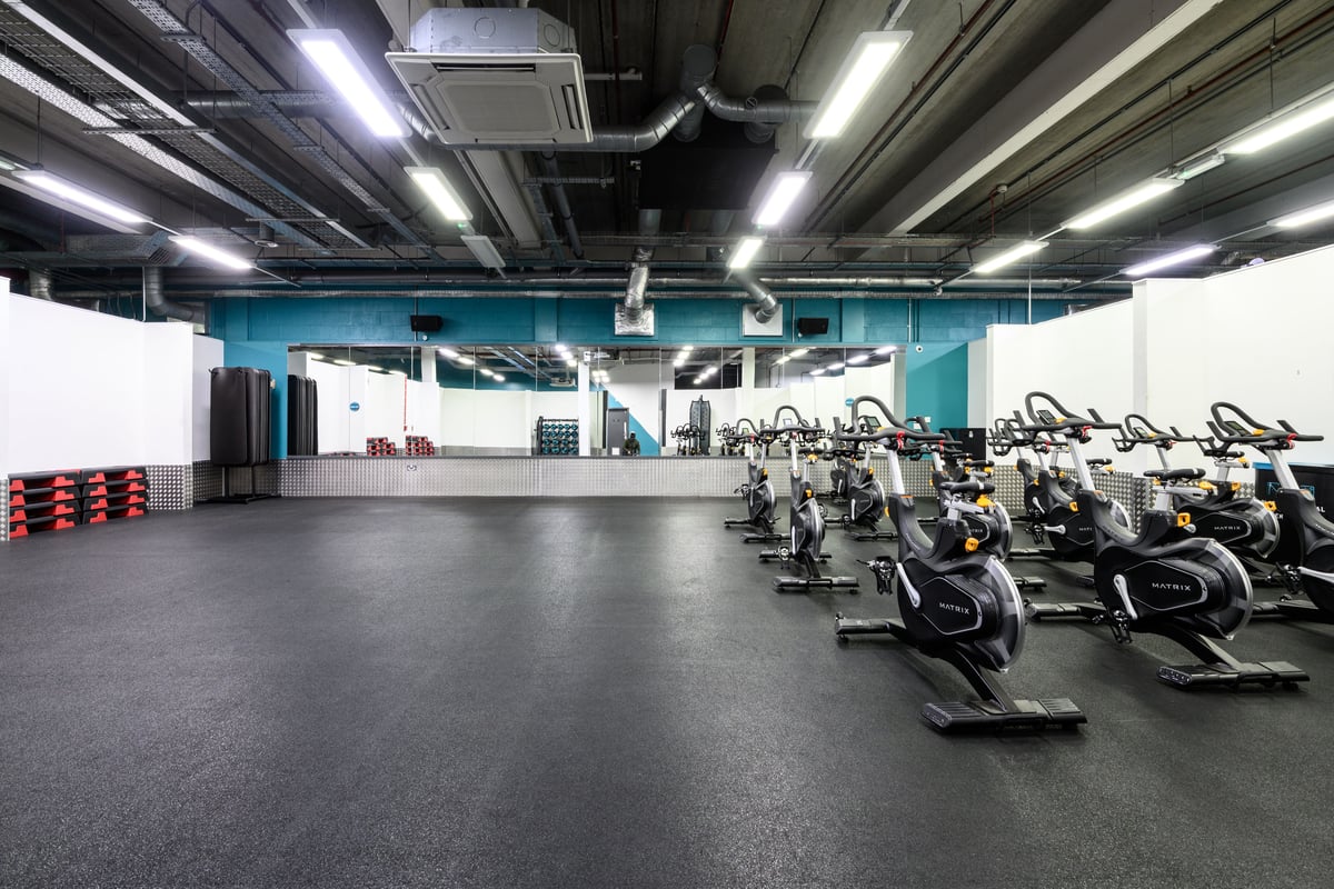 PureGym Glasgow Clydebank group exercise studio with spin bikes