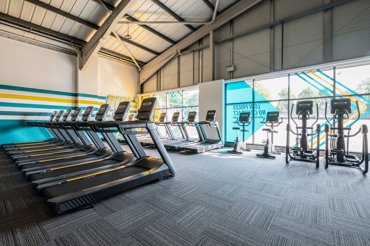 PureGym Leeds Bramley: Rows of treadmills, ellipticals, and weight machines in a bright gym interior.