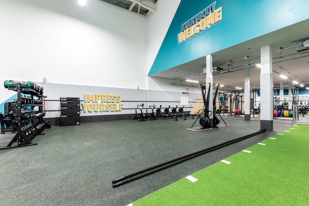 PureGym Maidenhead: Weightlifting rig, dumbbells, barbells, benches, turf area, mirrored wall in fitness centre.
