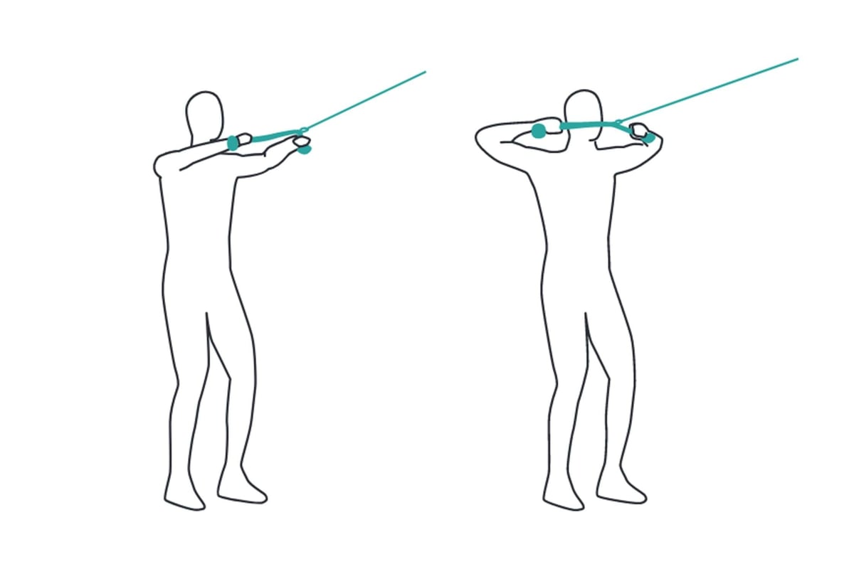 Two figures demonstrating archery stance and bow drawing technique with a bowstring pulled