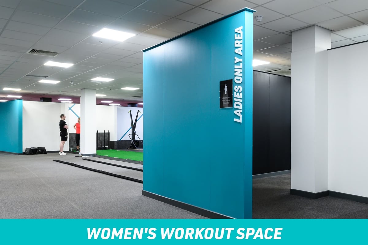 PureGym Glasgow Shawlands: Women's workout space entrance with "Ladies only area" sign