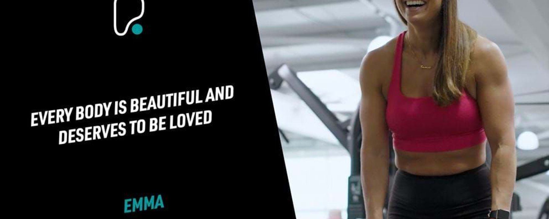 Woman in gym lifting dumbbells and smiling next to text about body positivity
