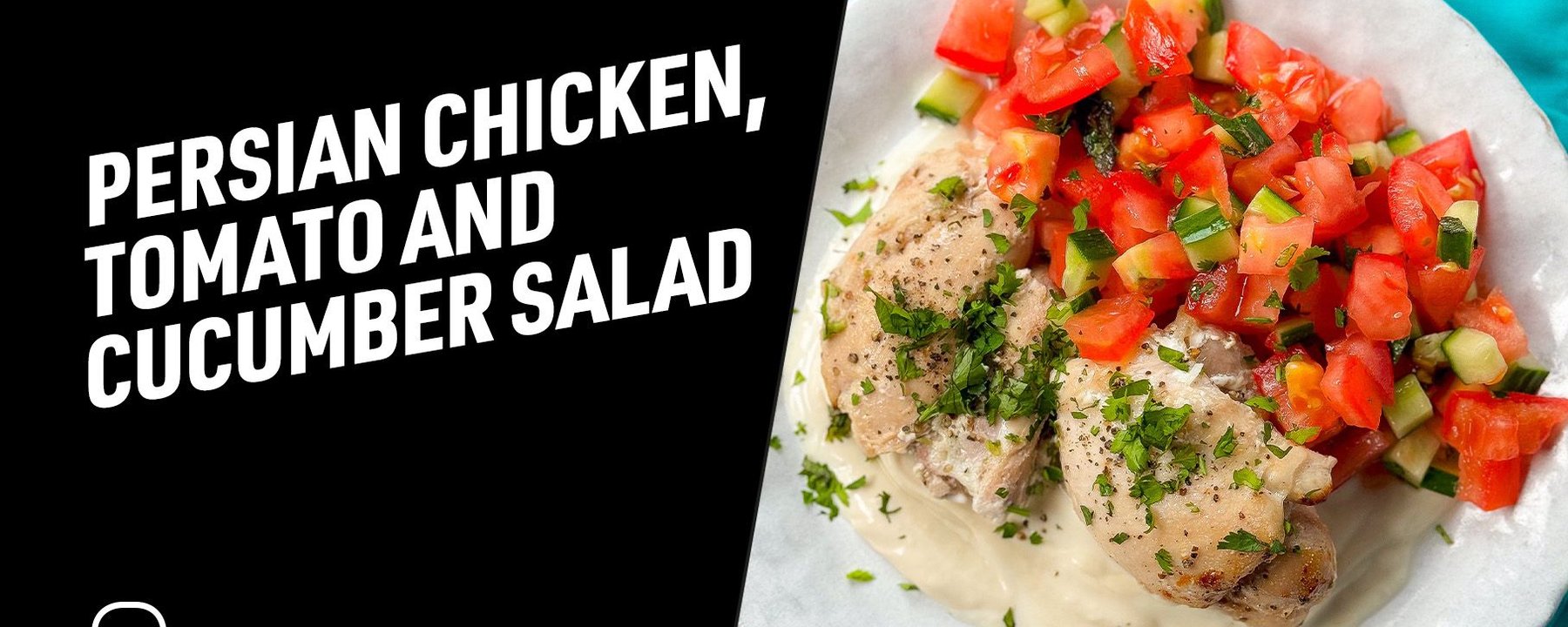 Grilled chicken with chopped tomato and cucumber salad on a white plate with sauce