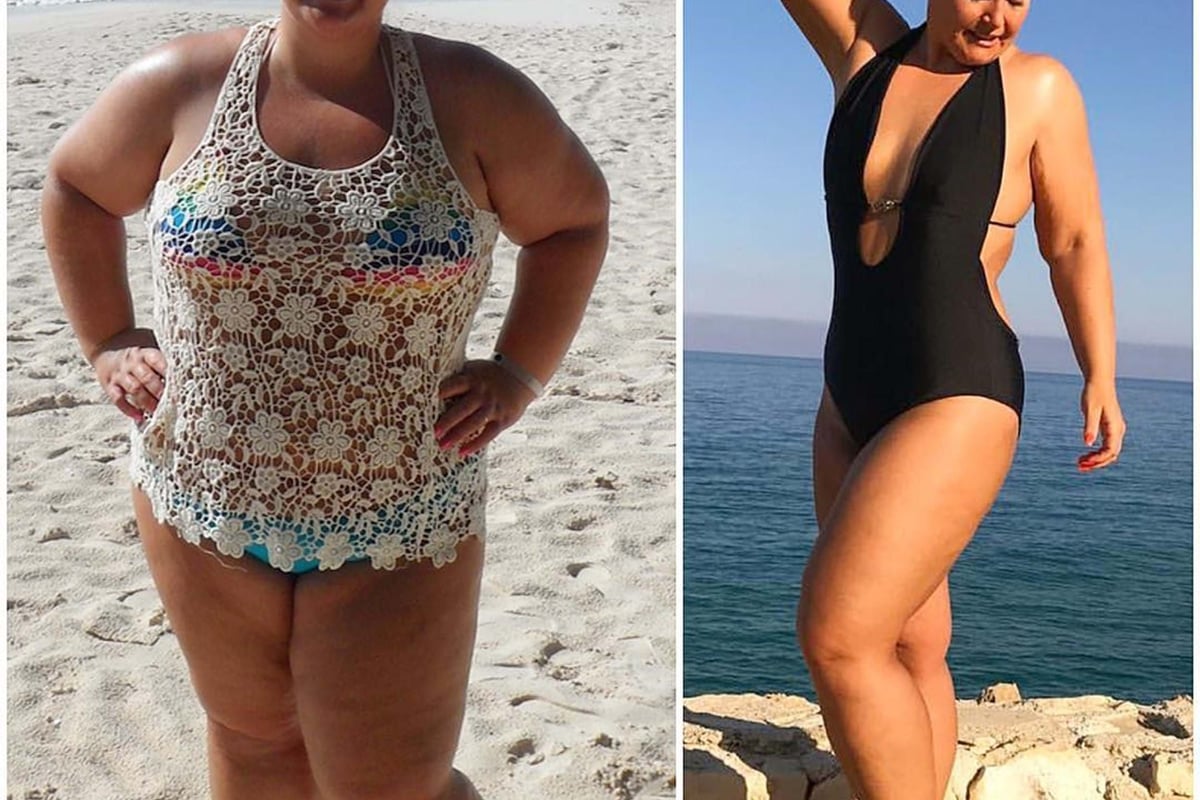 Woman in a white lace top and bikini on the beach and woman in a black swimsuit
