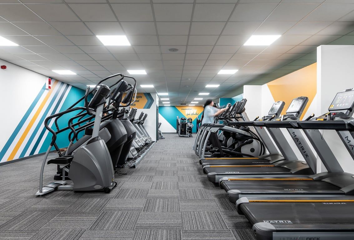 PureGym Birmingham Beaufort Park: Rows of treadmills and ellipticals in a brightly lit gym space with colourful accent walls.