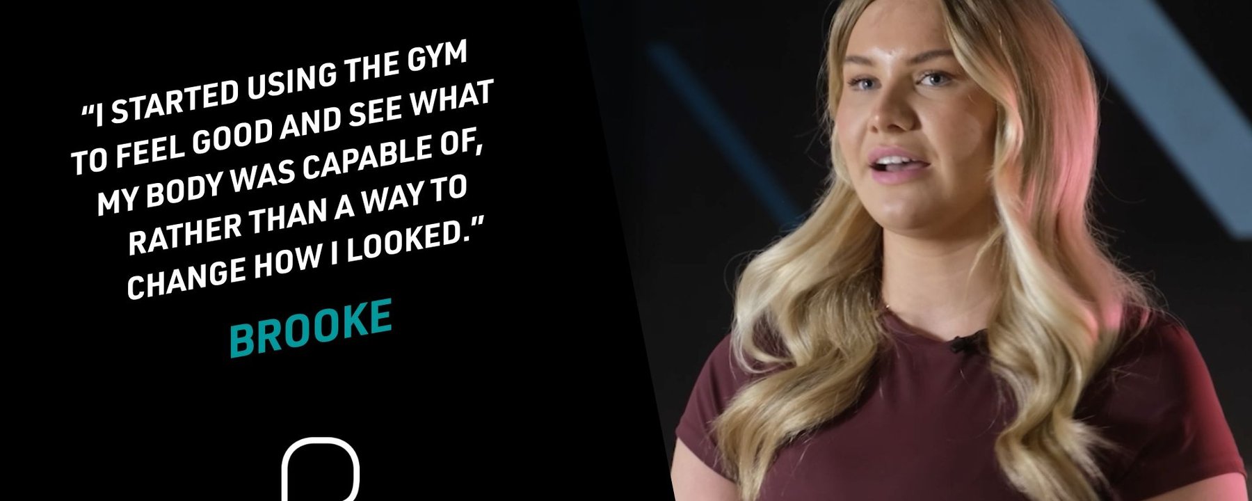 Blonde woman in maroon top speaking with a quote about gym motivation beside her.