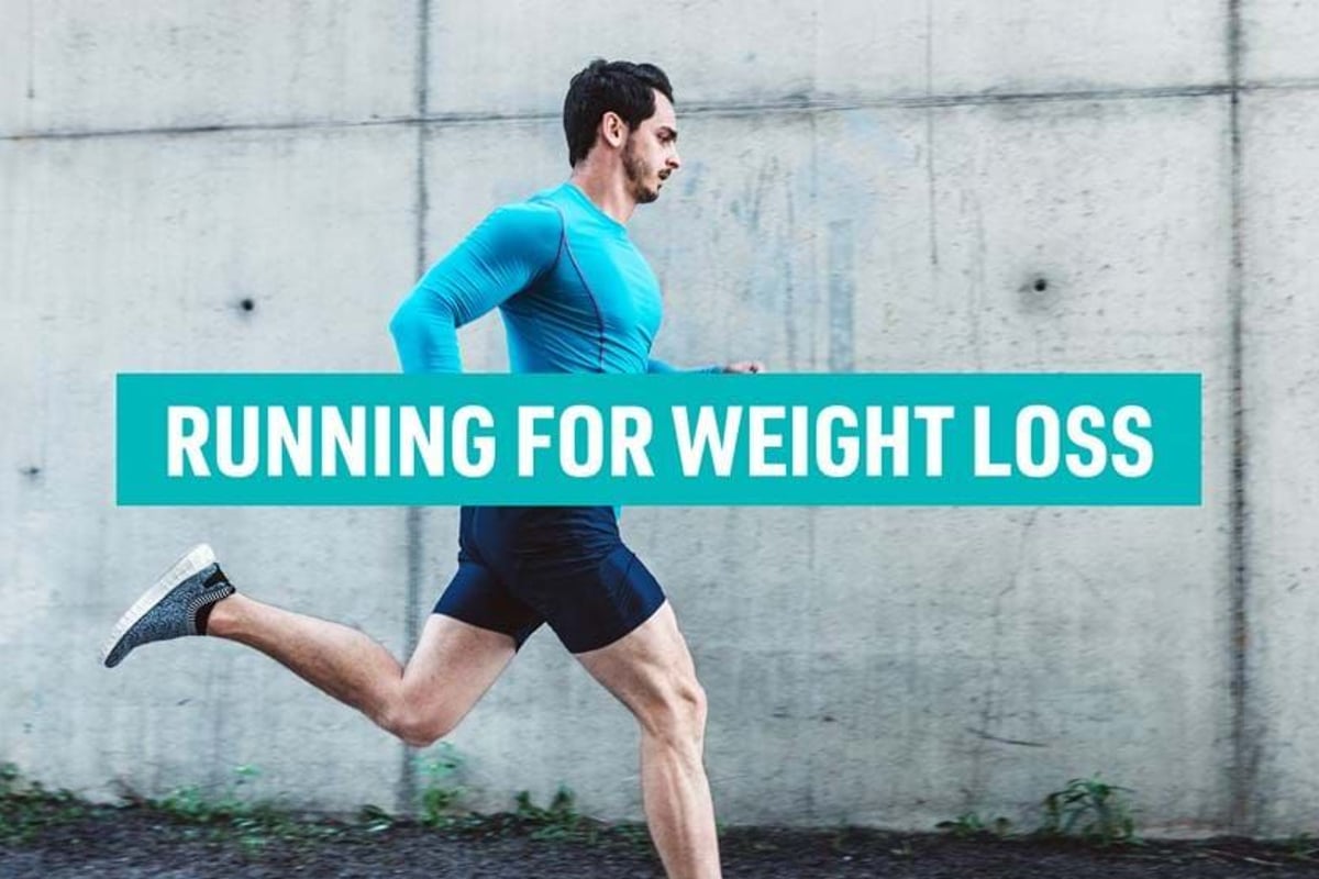 Man in blue running gear jogging past a concrete wall with text overlay.