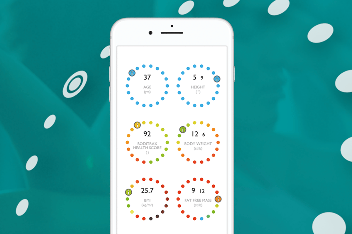 Smartphone screen showing health metrics including age, height, BMI, and body weight.