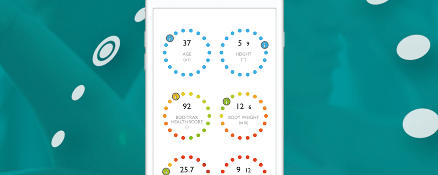 Smartphone screen showing health metrics including age, height, BMI, and body weight.