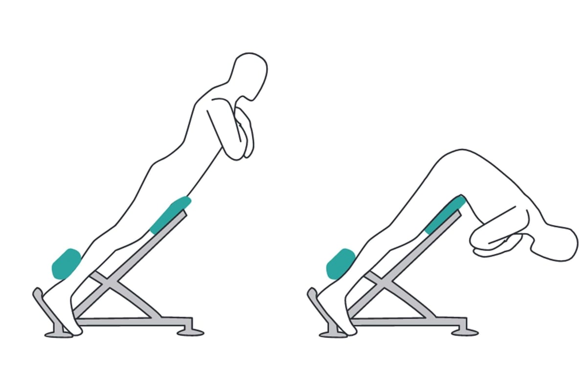 Person performing back extension exercise on a Roman chair bench in two positions