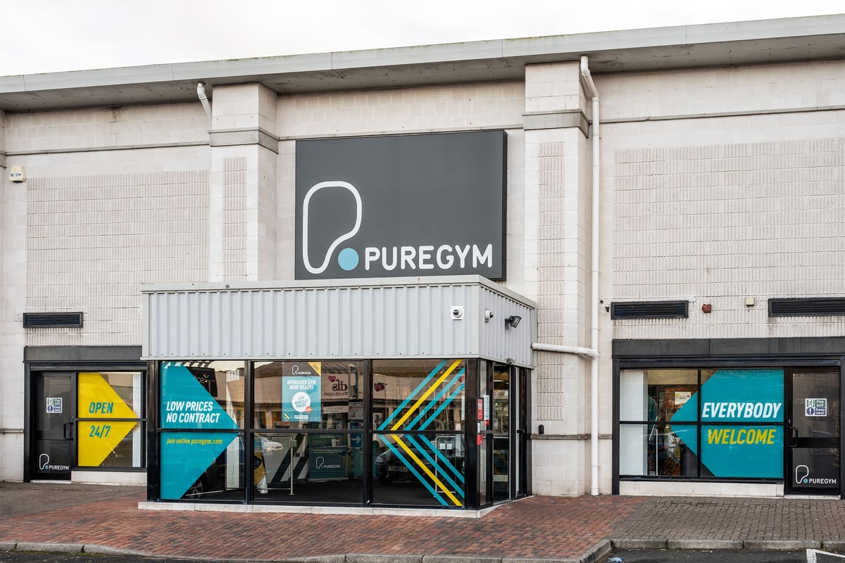 PureGym Belfast Boucher Road: Gym exterior with pureGYM signage, fitness-themed window displays.