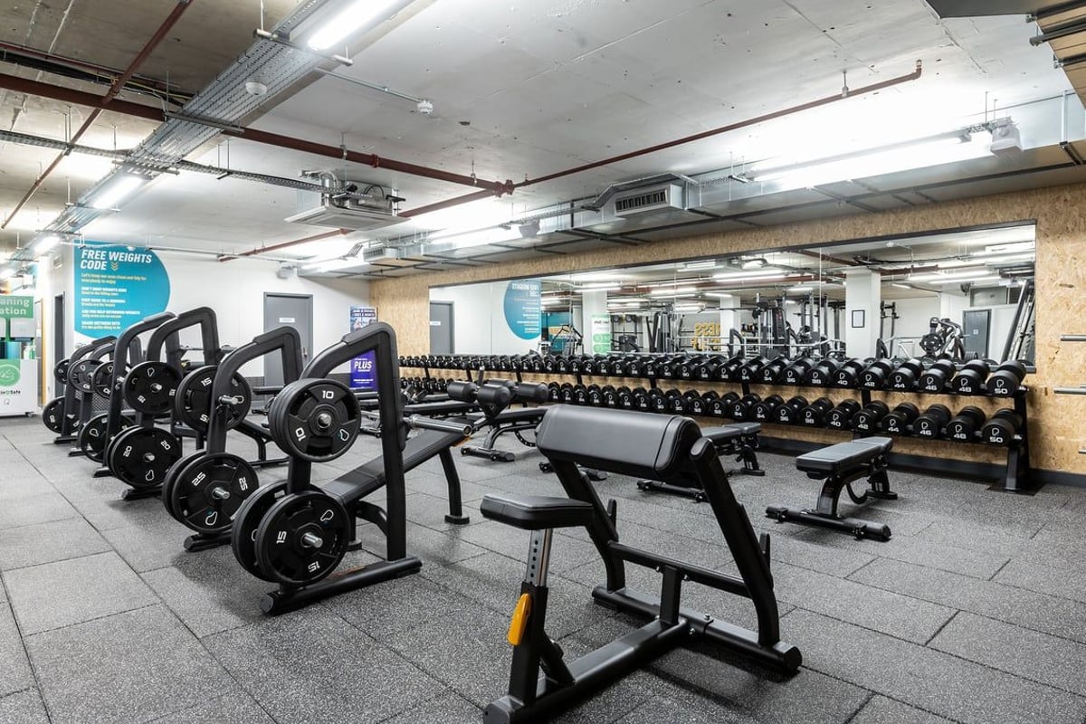 PureGym London Angel: Rows of weight benches, dumbbell racks, and free weights on a tiled gym floor.