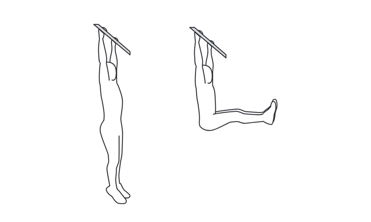Person performing hanging leg raises on a pull-up bar in two positions.