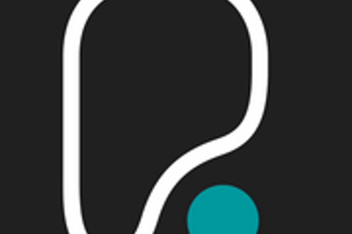 Abstract white curved shape with a teal circle on a dark grey background