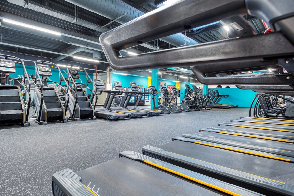 PureGym Bachenbülach : des rangées de tapis de course modernes dans un espace cardio bien éclairé.