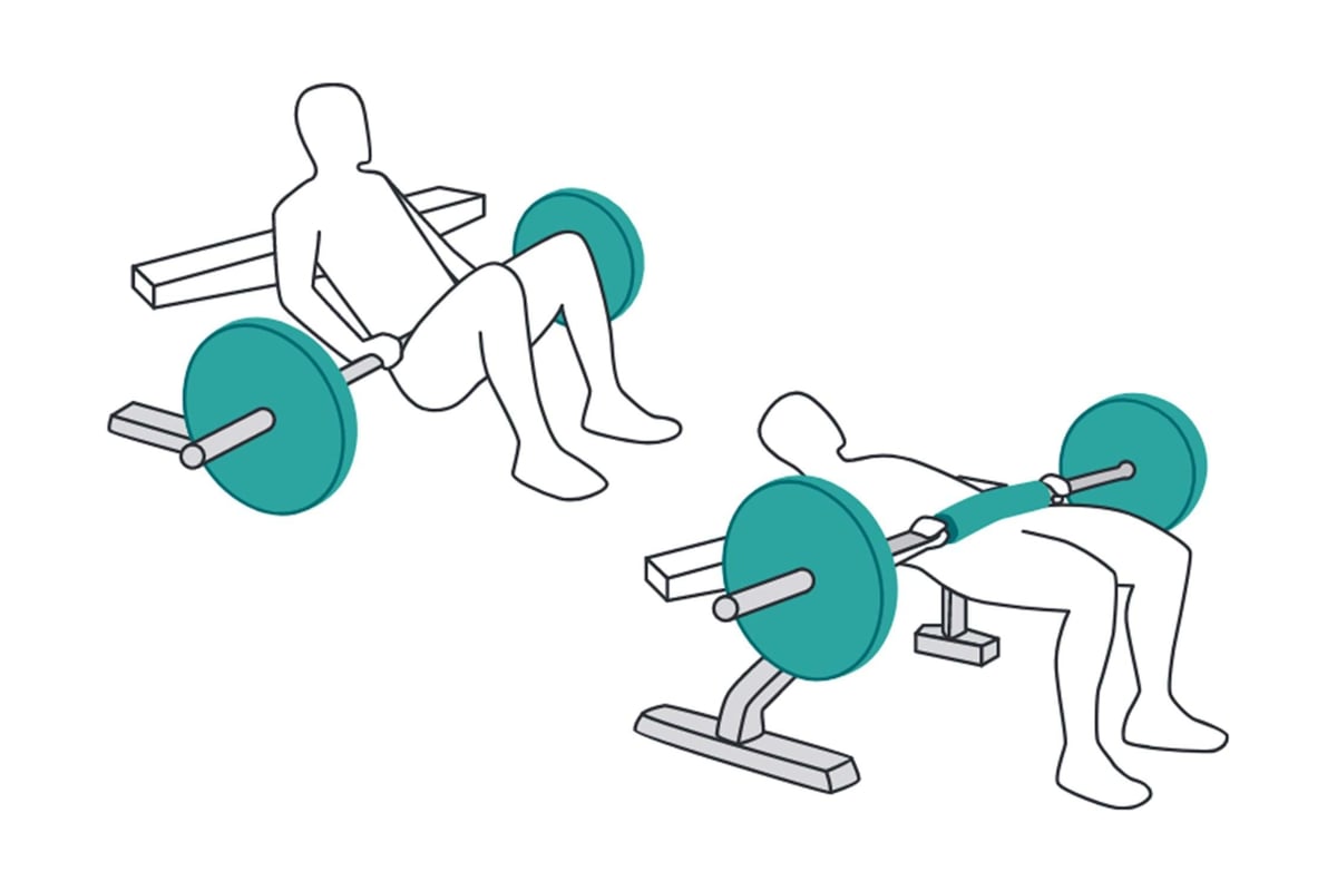 Two figures performing hip thrust exercises with a barbell on a bench.