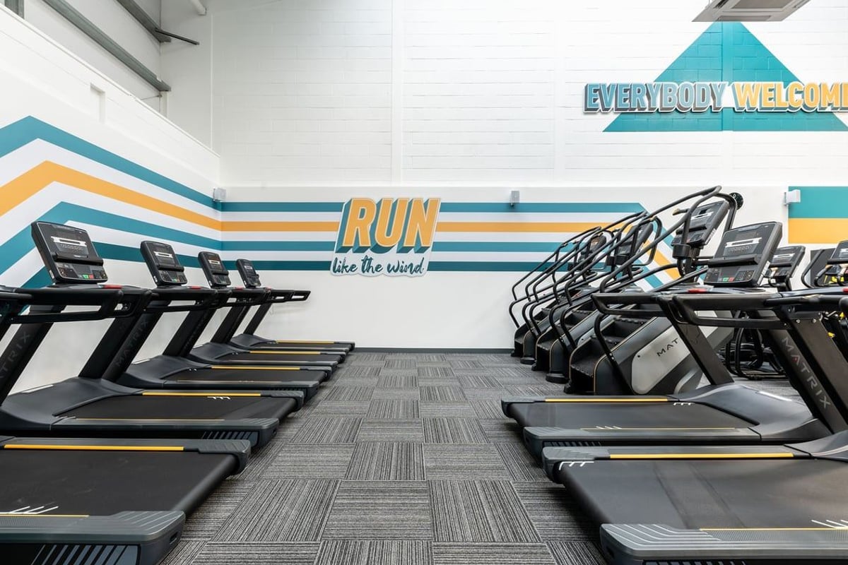 PureGym Blyth: Rows of treadmills inside a gym with colourful murals and motivational signage.